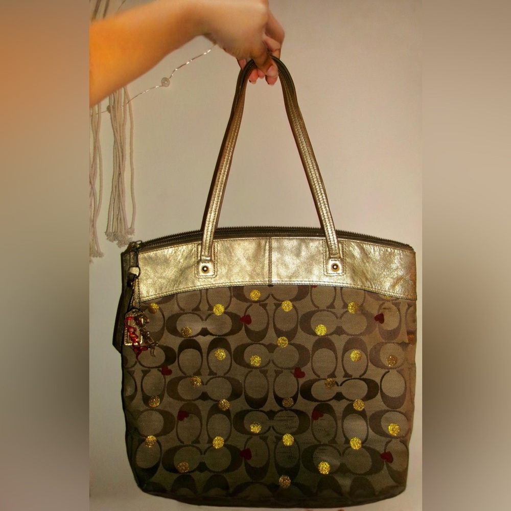 Coach Gold and Brown Signature Tote Bag